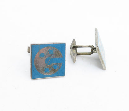 925 Sterling Silver  Vintage Blue Enamel Design Bullet Back Cuff Links  TR1253