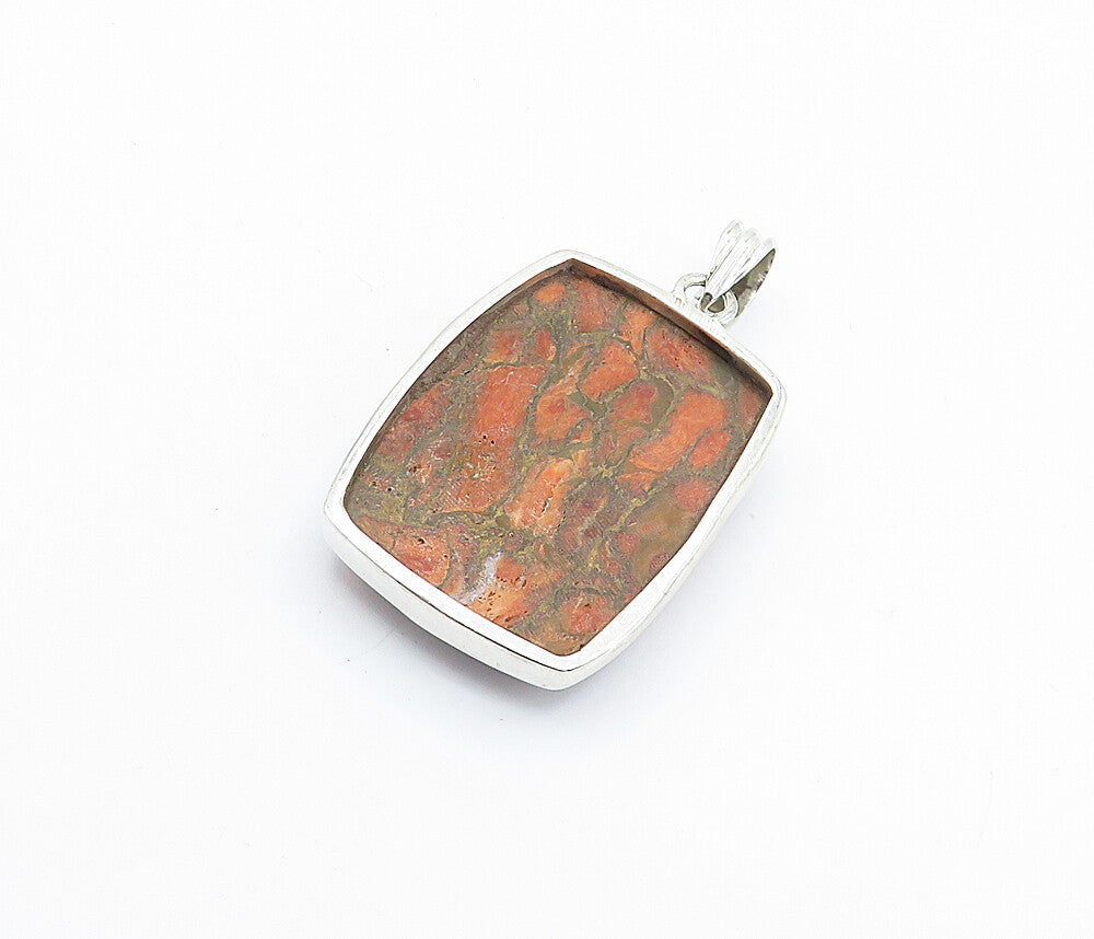 925 Sterling Silver  Vintage Red & Brown Jasper Square Drop Pendant  PT4131