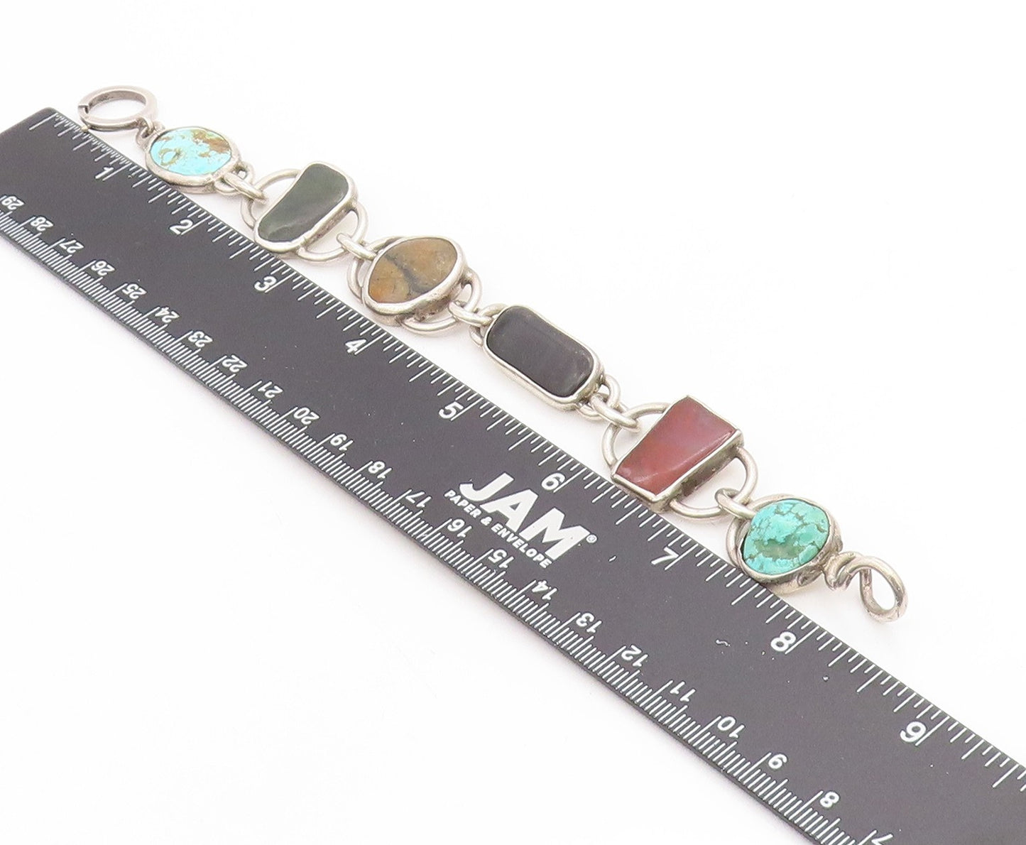 925 Sterling Silver Vintage Bracelet Chunky Multi Gemstone Solid Link  BT11709