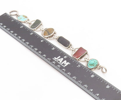 925 Sterling Silver Vintage Bracelet Chunky Multi Gemstone Solid Link  BT11709