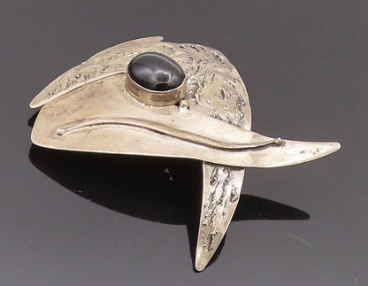 925 Sterling Silver Vintage Brooch Pin Designer Scratched Cabochon Onyx  BP10719