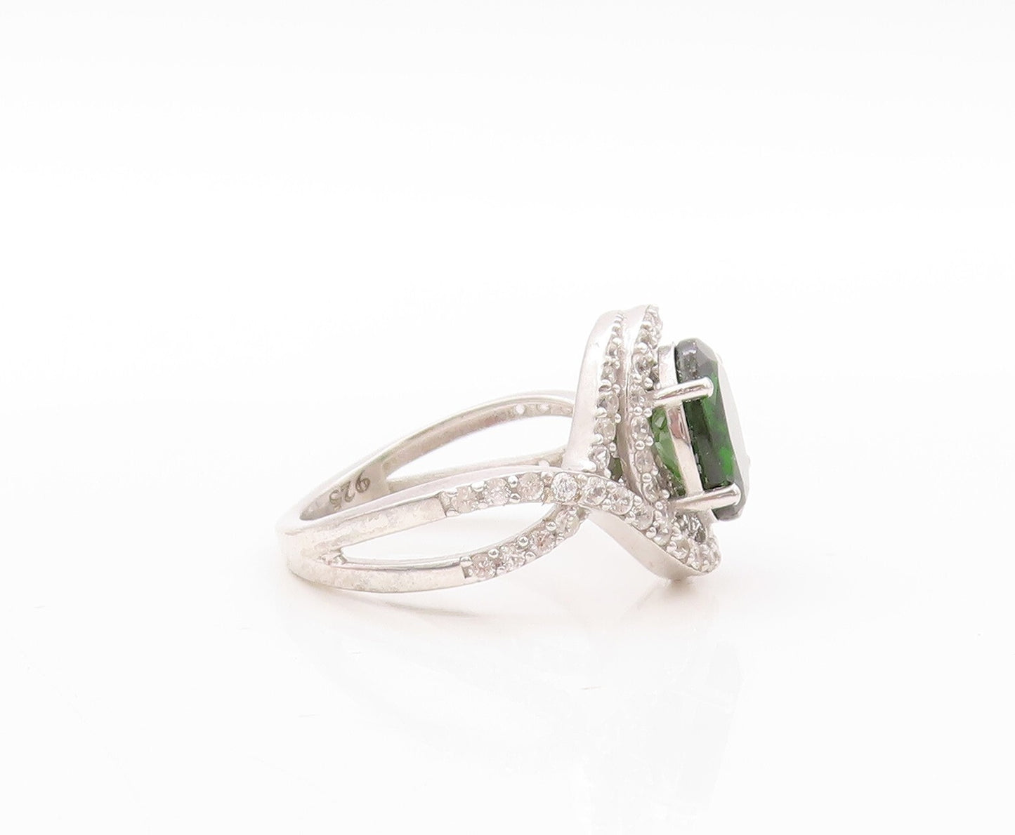 925 Sterling Silver Vintage Ring Designer Green Halo White CZ  Sz 8.5  RG30869