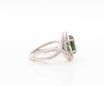 925 Sterling Silver Vintage Ring Designer Green Halo White CZ  Sz 8.5  RG30869