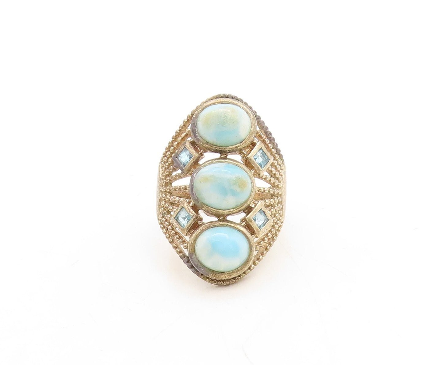 925 Sterling Silver Vintage Ring Bead Cutout Oval Larimar & CZ  Sz 10  RG31223