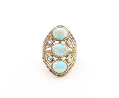 925 Sterling Silver Vintage Ring Bead Cutout Oval Larimar & CZ  Sz 10  RG31223