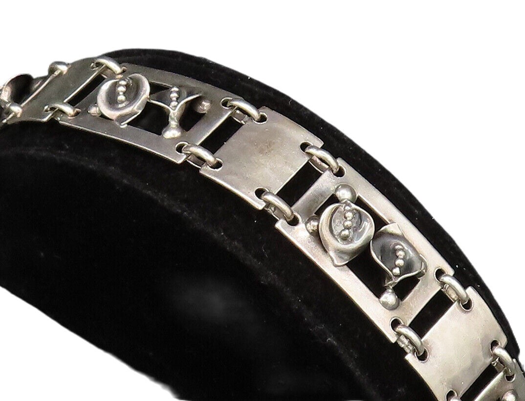 925 Sterling Silver Vintage 3D Flowers Hammered Rectangle Link Bracelet BT9593