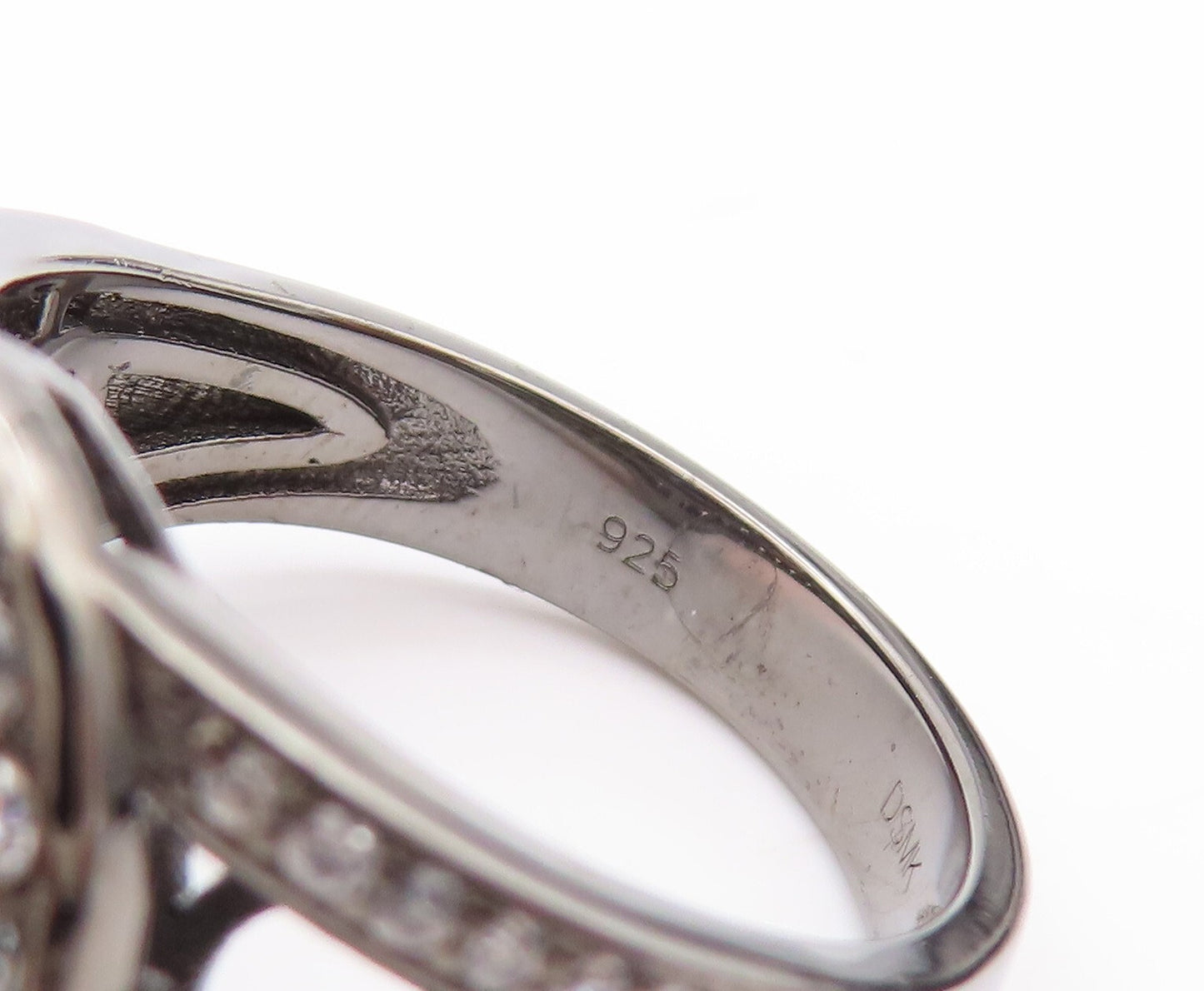 925 Sterling Silver Vintage Ring Split Band CZ Inlay & Sapphire  Sz 8  RG29617