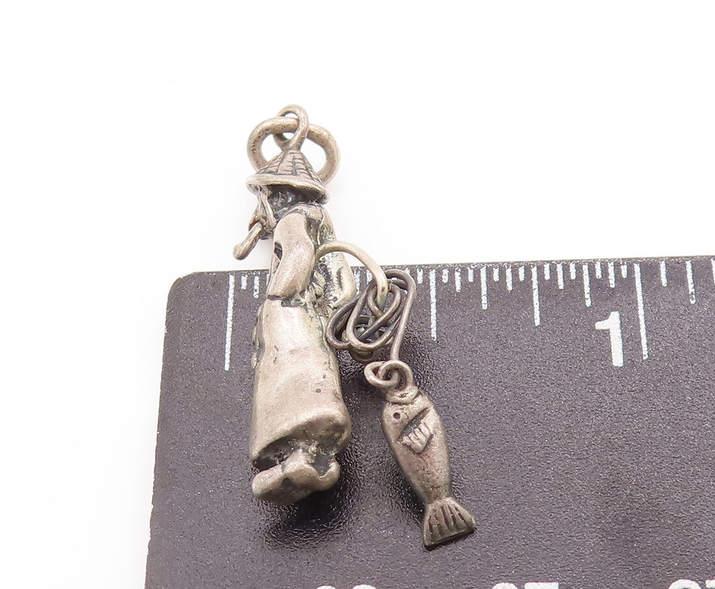 925 Sterling Silver Vintage Pendant Solid 3D Carved Fisher Man Charm  PT23056