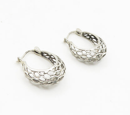 925 Sterling Silver  Vintage Shiny Open Net Style Hoop Earrings  EG7948