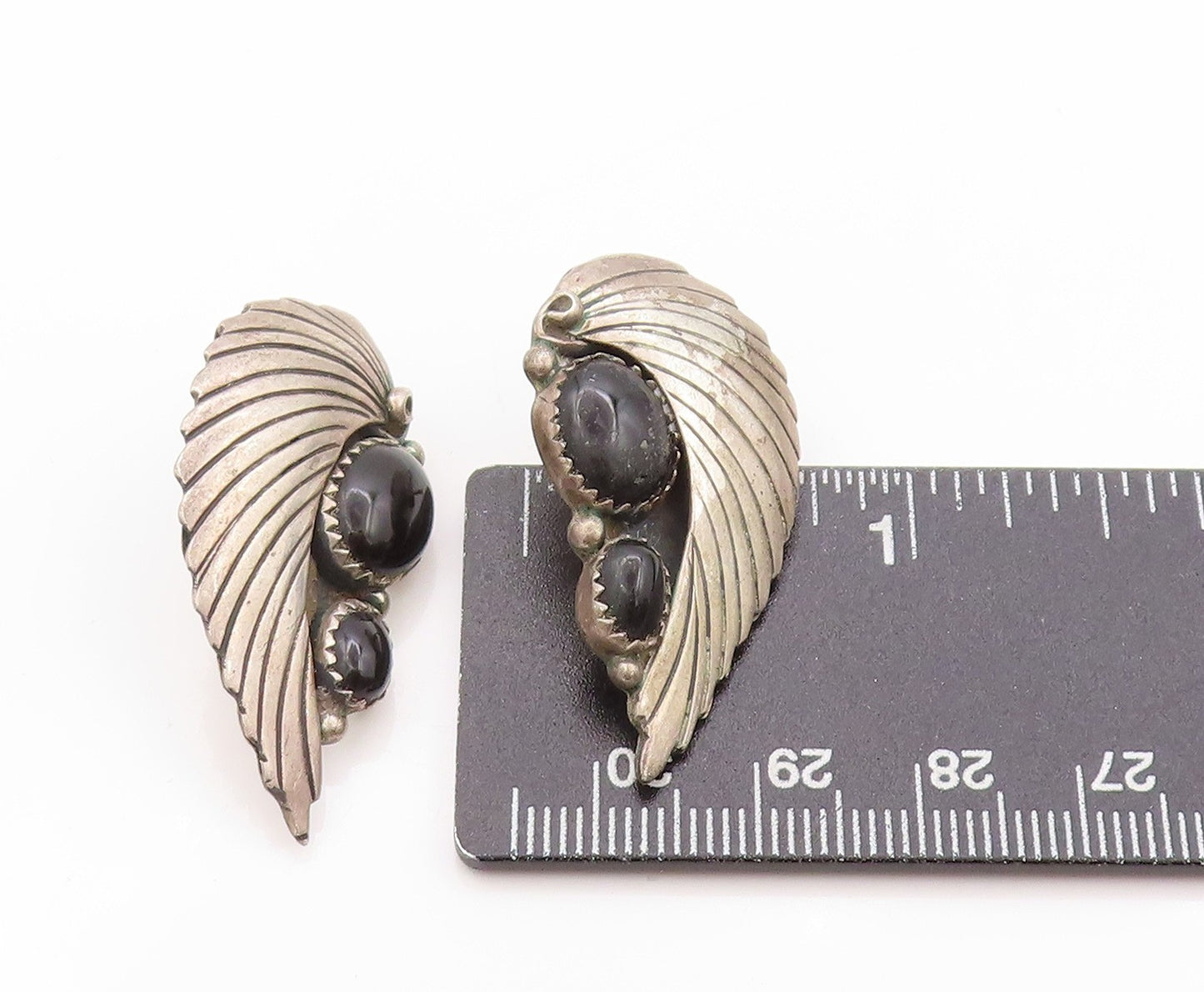 925 Sterling Silver Vintage Earrings NAVAJO Onyx Etched Devil Wings  EG13572