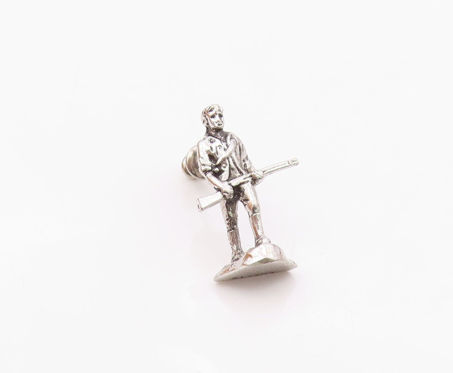 925 Sterling Silver  Vintage Shiny Petite Man With Rifle Lapel Pin  TR2952