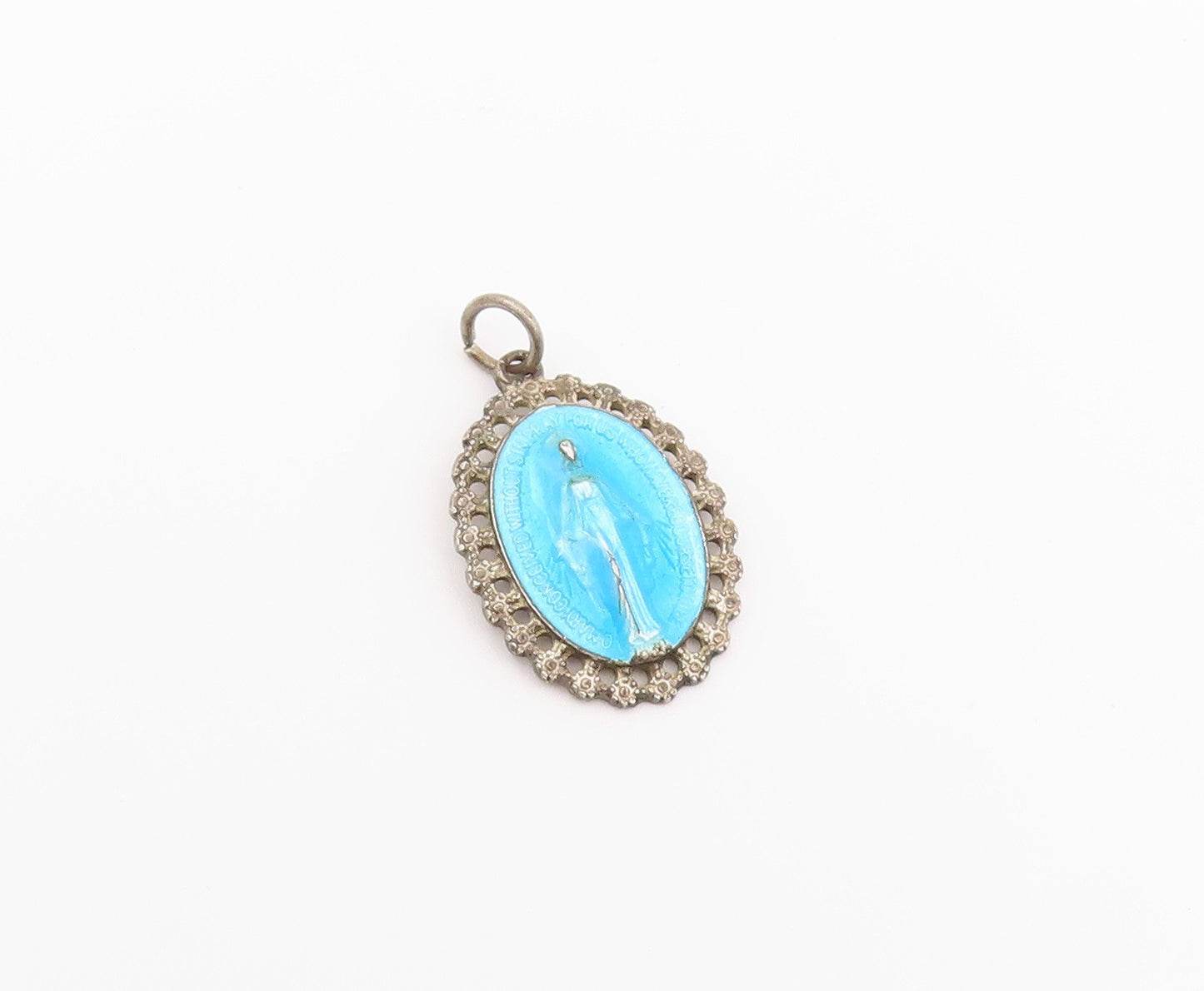925 Sterling Silver Vintage Pendant Enamel Miraculous Medal Religious  PT26577