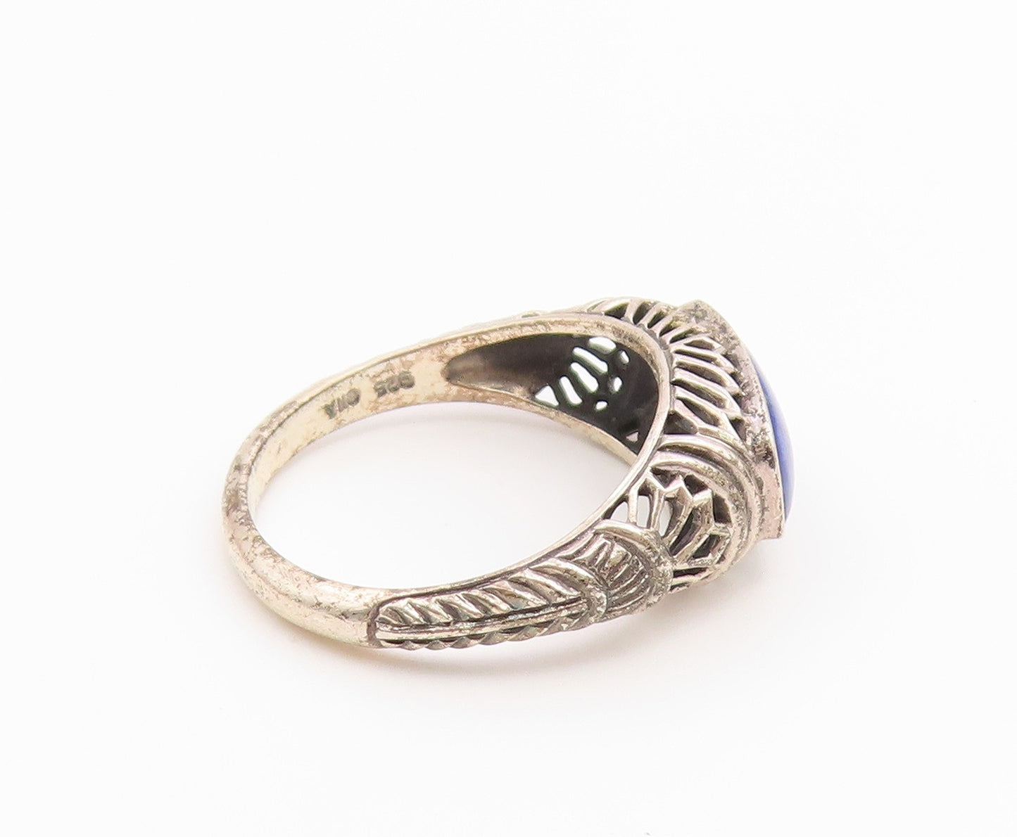 925 Sterling Silver Vintage Ring Lapis Lazuli Floral Cutout Band  Sz 8  RG36699