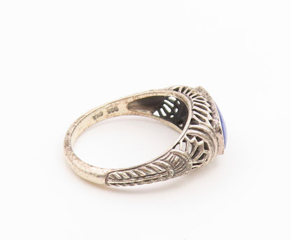 925 Sterling Silver Vintage Ring Lapis Lazuli Floral Cutout Band  Sz 8  RG36699