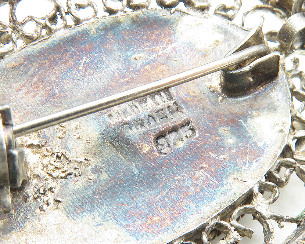 ISRAEL 925 Silver  Vintage Blue Topaz Pretzel Swirl Floral Brooch Pin  BP7226