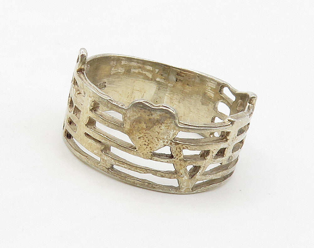 925 Sterling Silver  Vintage Love Heart Music Notes Band Ring Sz 6.5  RG16142
