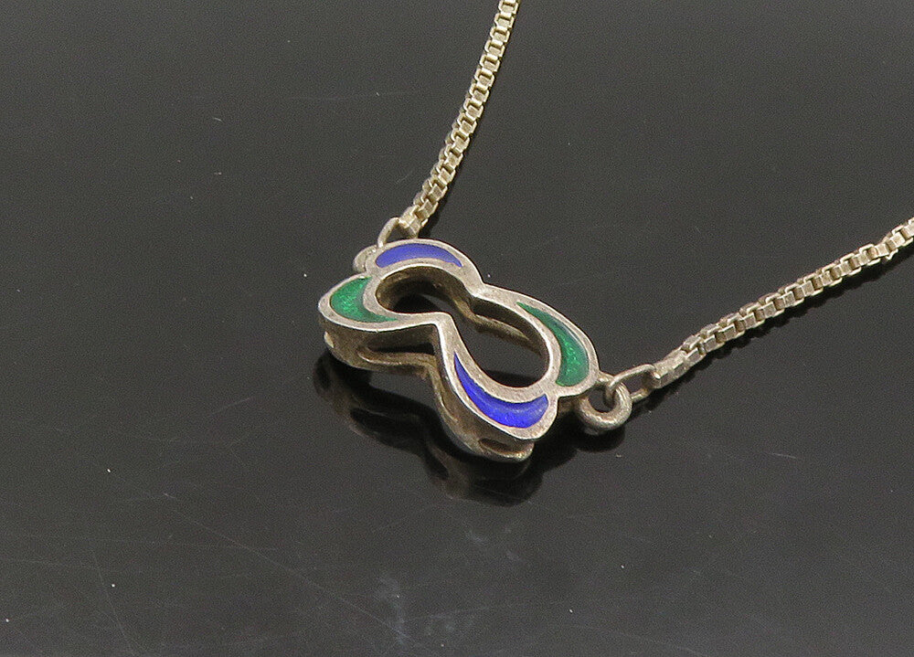 925 Sterling Silver  Vintage Enamel Detail Box Link Chain Necklace  NE3724