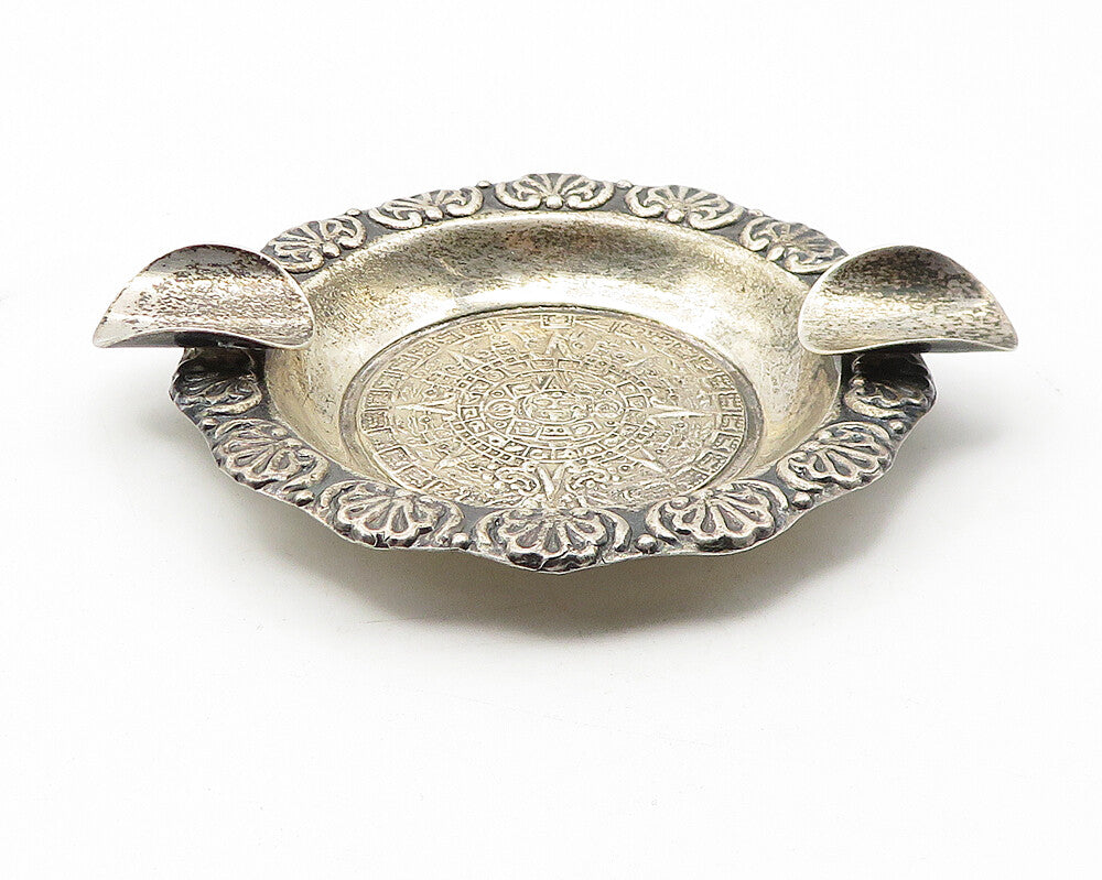 MEXICO 925  Silver  Vintage Dark Tone Mayan Aztec Sun Calendar Ashtray  TR1836