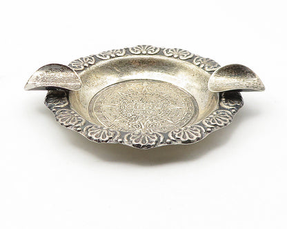 MEXICO 925  Silver  Vintage Dark Tone Mayan Aztec Sun Calendar Ashtray  TR1836