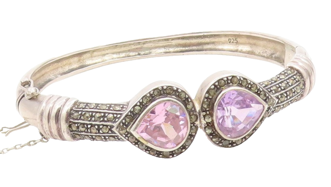 925 Sterling Silver Vintage Bracelet Pear Cut Amethyst & Topaz Bangle  BT11928