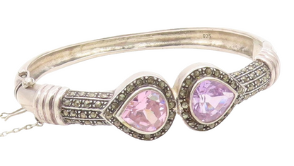 925 Sterling Silver Vintage Bracelet Pear Cut Amethyst & Topaz Bangle  BT11928