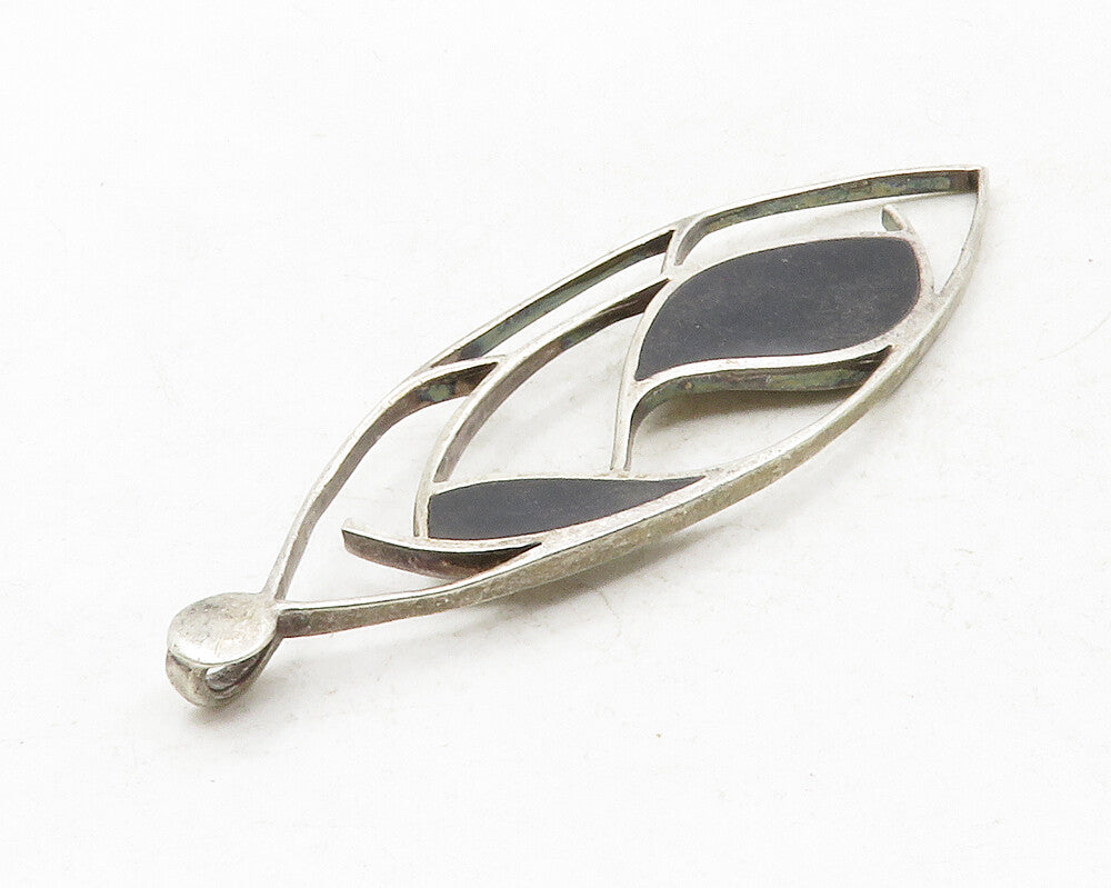 925 Sterling Silver  Vintage Inlaid Black Onyx Open Design Pendant  PT10124