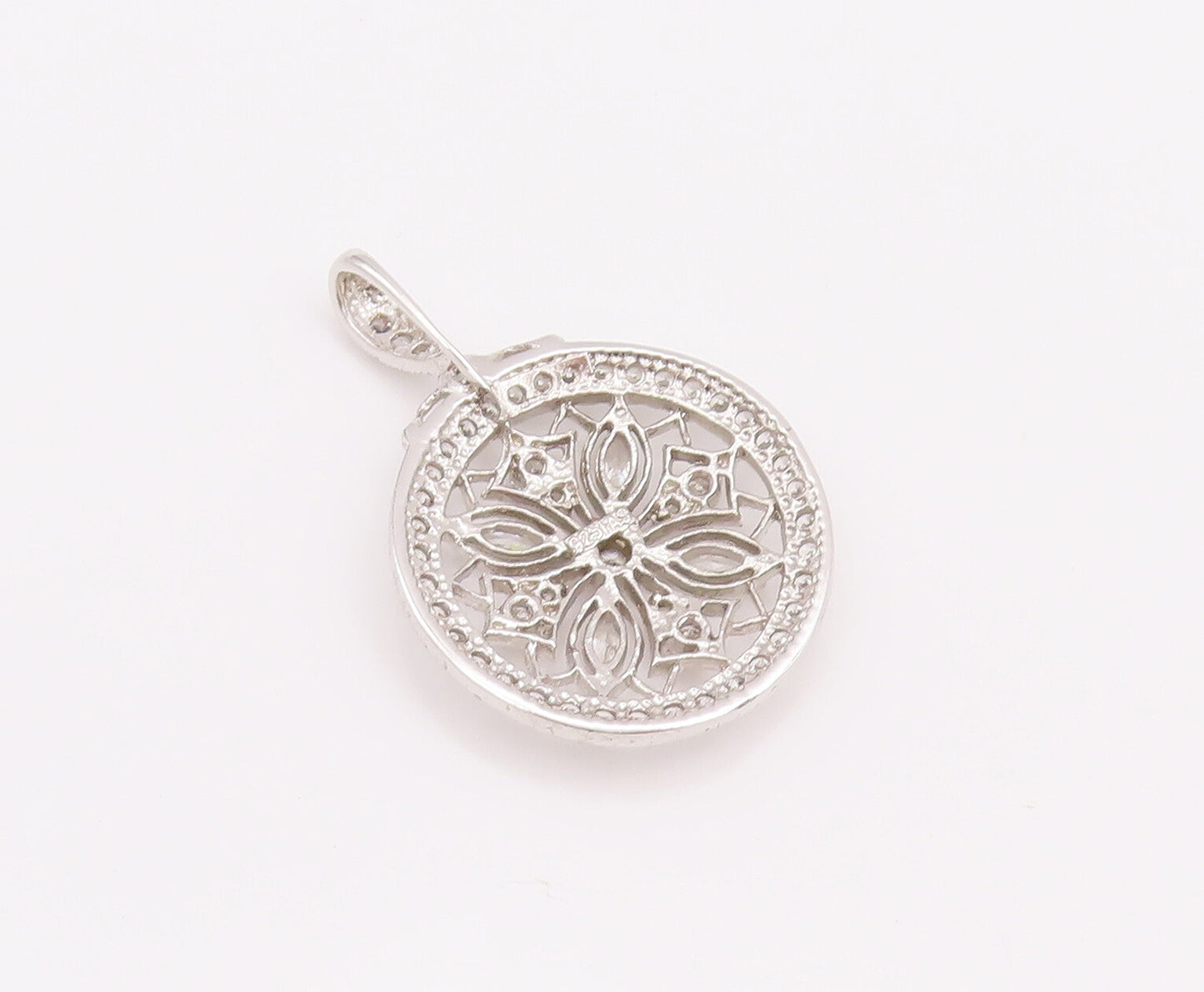 925 Sterling Silver Vintage Pendant Cutout CZ Inlay Carved Flower  PT23078