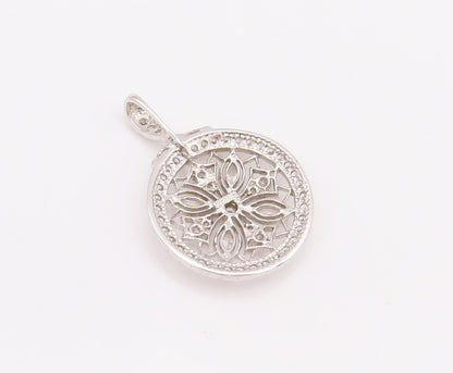 925 Sterling Silver Vintage Pendant Cutout CZ Inlay Carved Flower  PT23078