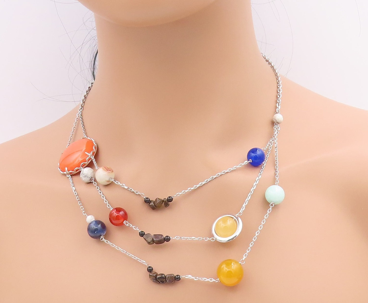 925 Sterling Silver Vintage Necklace Multi Gemstone Solar System Chain  NE4631