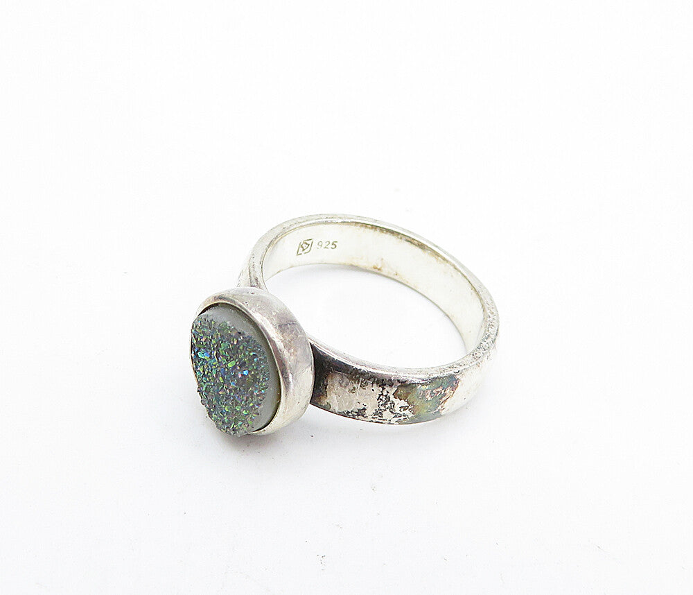 925 Sterling Silver  Vintage Druzy Stone Dark Tone Solitaire Ring Sz 5  RG5655