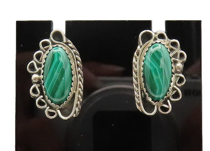 925 Silver Vintage Southwestern Carved Design Oval Malachite Earrings EG12578