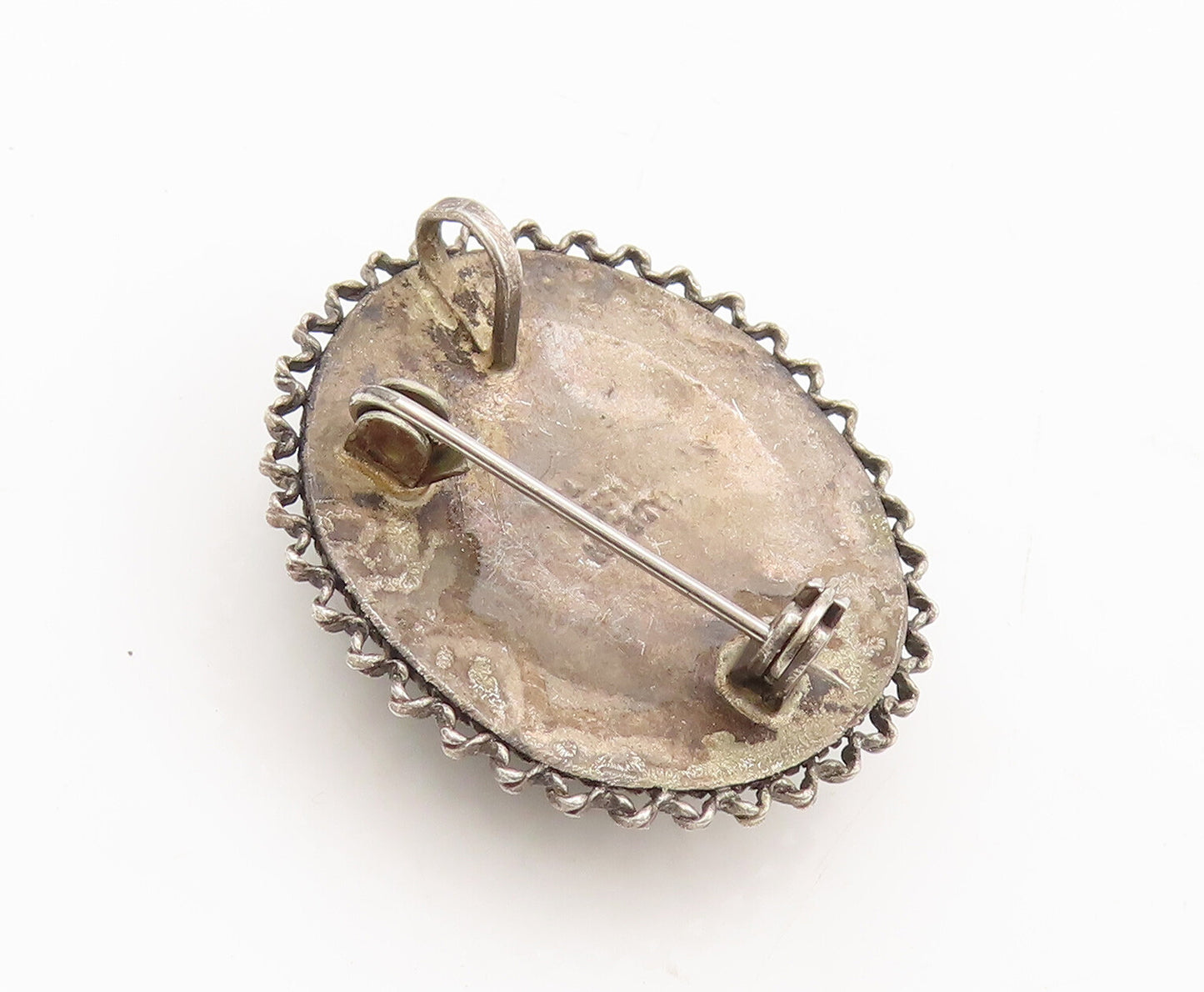 925 Sterling Silver Vintage Brooch Pin ISRAEL Turquoise Halo Carved  BP10617