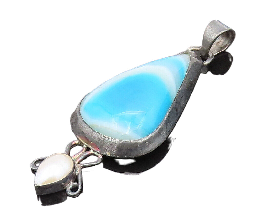 925 Silver  Vintage Blue and white Shaded Pearl Drop Shape Pendant  PT22055