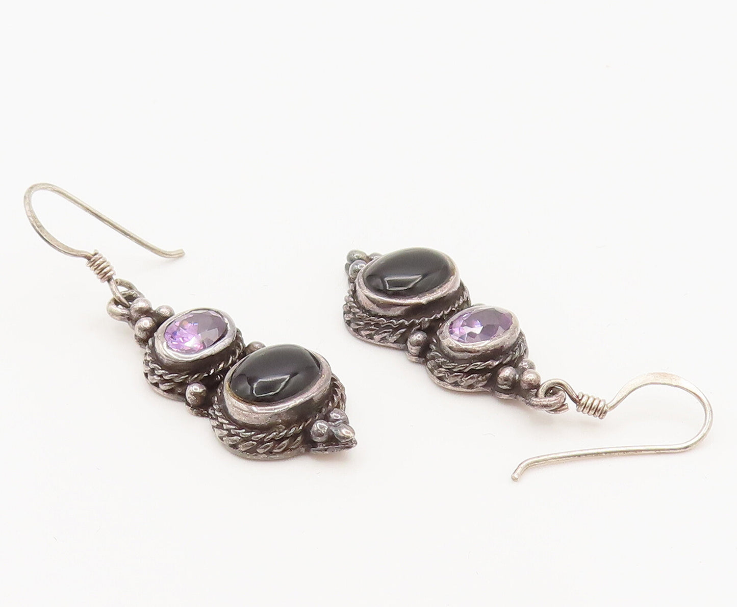 925 Silver  Vintage Twisted Rope Edge Amethyst & Black Onyx Earrings  EG12378