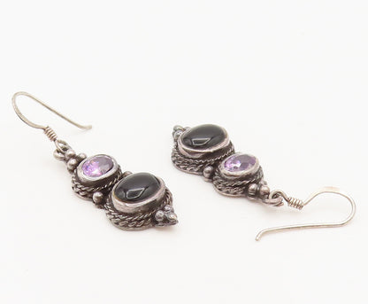 925 Silver  Vintage Twisted Rope Edge Amethyst & Black Onyx Earrings  EG12378