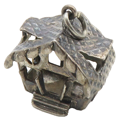 925 Sterling Silver  Vintage Dark Tone Bird House Motif Drop Pendant  PT7881