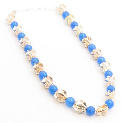 925 Sterling Silver  Vintage Blue Chalcedony Beaded Chain Necklace  NE1190