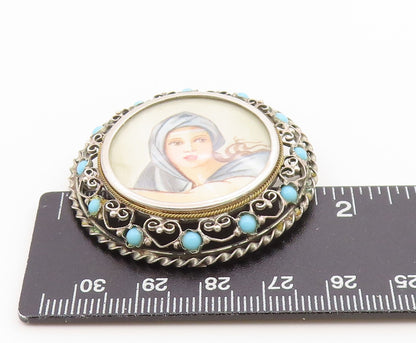 925 Sterling Silver Vintage Brooch Pin Turquoise Openwork Lady Portrait  BP12647