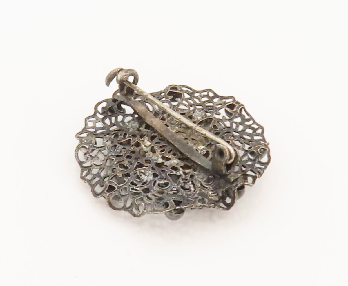 925 Silver  Vintage Beaded & Openwork Knitted Rose Flower Brooch Pin  BP10096