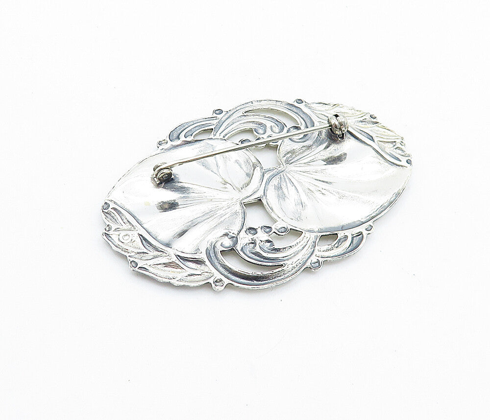 925 Sterling Silver  Vintage Shiny Love Heart Floral Leaf Brooch Pin  BP2535