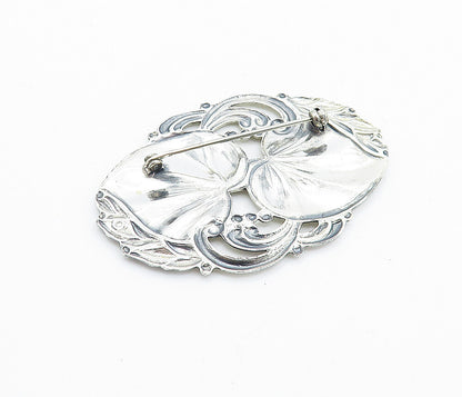 925 Sterling Silver  Vintage Shiny Love Heart Floral Leaf Brooch Pin  BP2535