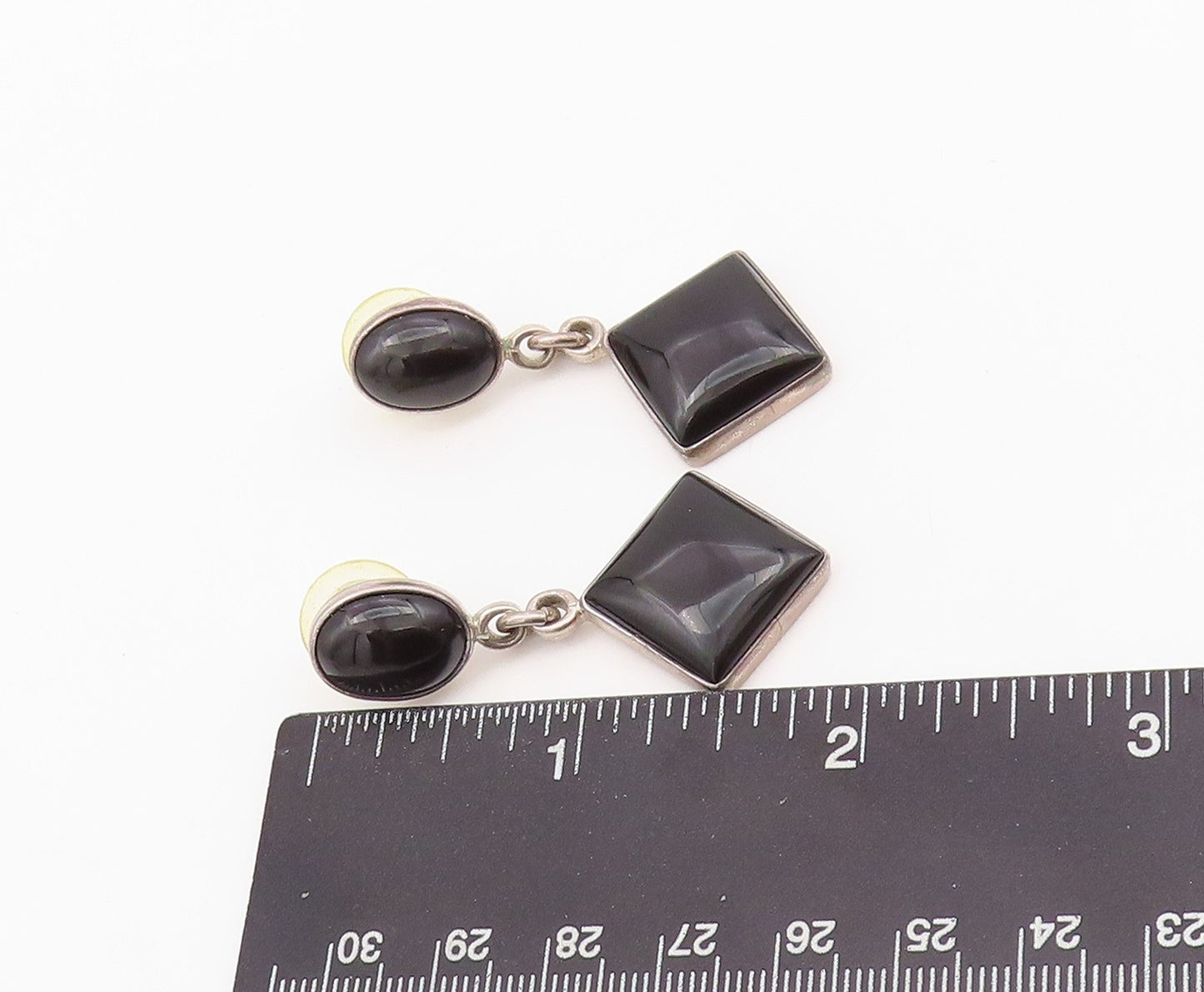 925 Sterling Silver Vintage Earrings MEXICO Oval & Square Dangling Onyx  EG13619