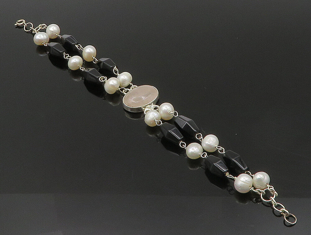 925 Sterling Silver  Rose Quartz & Freshwater Pearls Chain Bracelet  BT1164