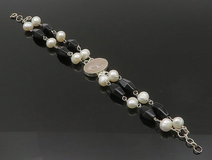 925 Sterling Silver  Rose Quartz & Freshwater Pearls Chain Bracelet  BT1164