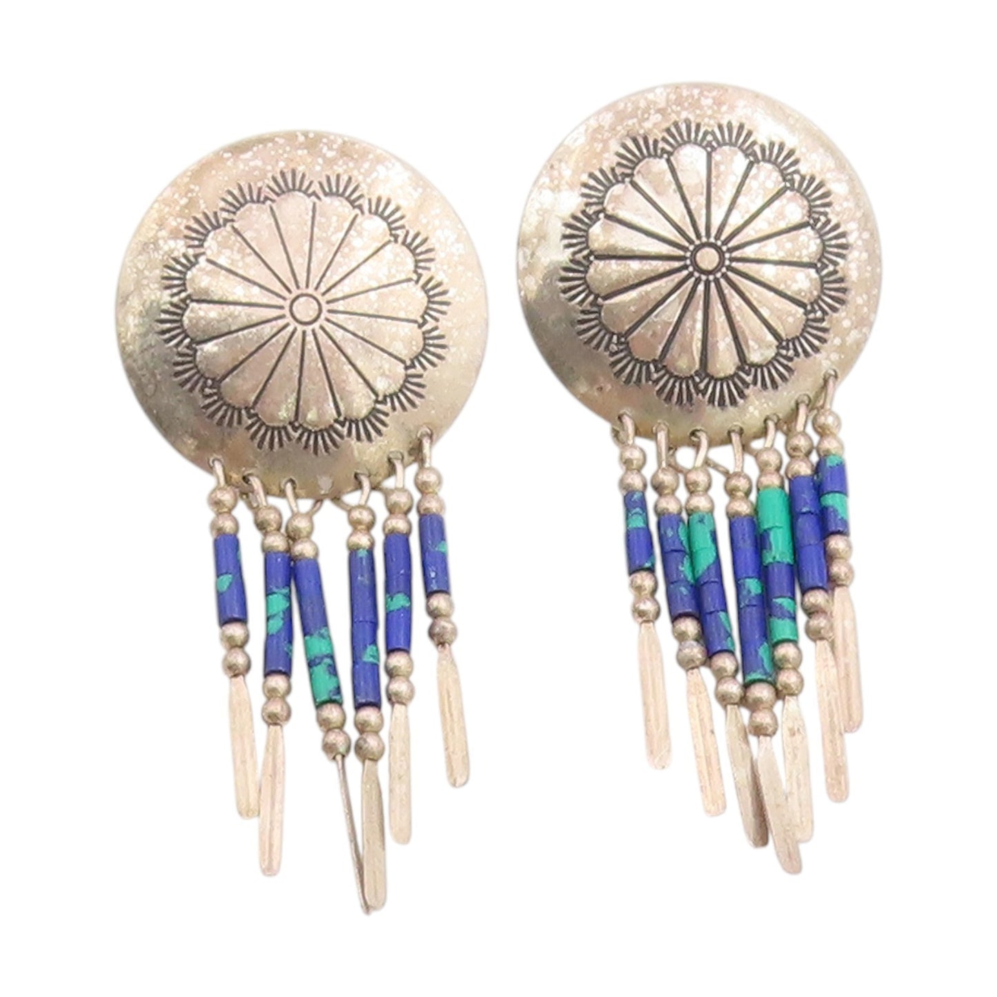 925 Sterling Silver Vintage Earrings SOUTHWESTERN Beaded Concho Dangles EG13732