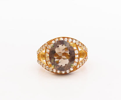 925 Sterling Silver Vintage Ring Gold Plated Smoky Quartz & Topaz  Sz 7  RG29373