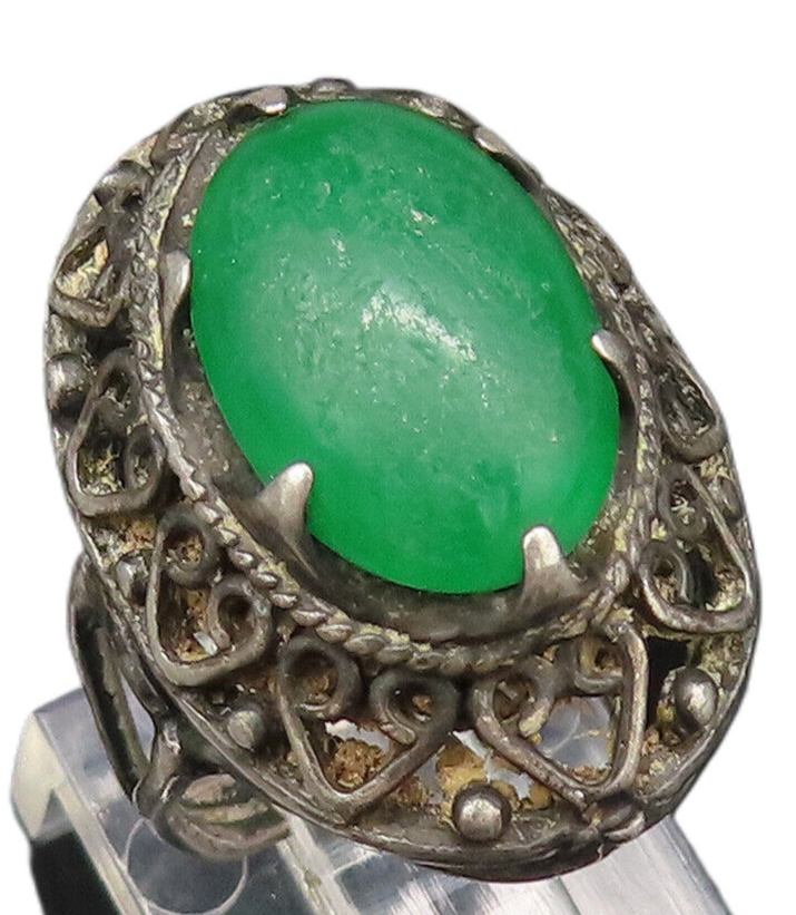 925 Silver  Vintage Cabochon Green Onyx Open Scroll Heart Ring Sz 5  RG25837