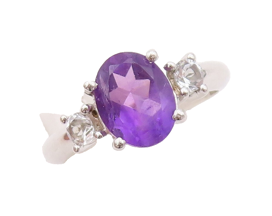925 Sterling Silver Vintage Ring Oval Cut Amethyst CZ Side Stones  Sz 7  RG30686