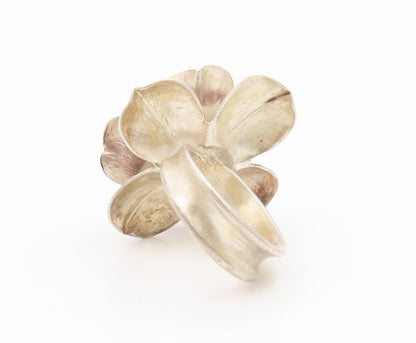 925 Sterling Silver Vintage Ring Modernist Etched Hibiscus Flower  Sz 5  RG35158