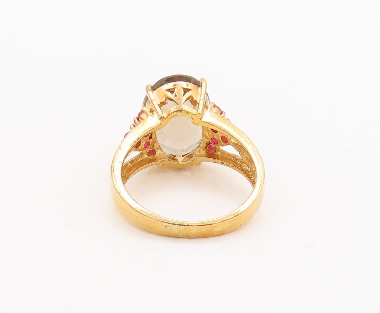 925 Sterling Silver Vintage Ring Gold Plated Smoky Quartz & Ruby  Sz 7  RG29770